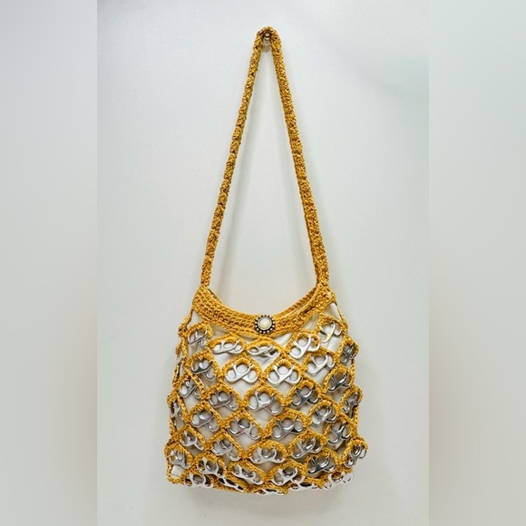 Handmade Crochet‎ Gold Brown Handbag Purse Art with Recycled Soda Pop Tabs - Picture 2 of 14